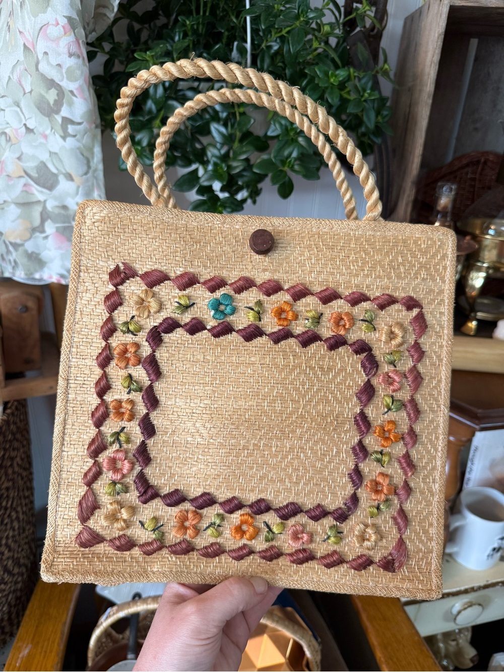 Vtg Embroidered Straw Handbag with Floral Motif